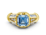 Yellow gold Vintage Milgrain Fancy Blue Asscher Cut Diamond Split Shank Ring with Prong Setting