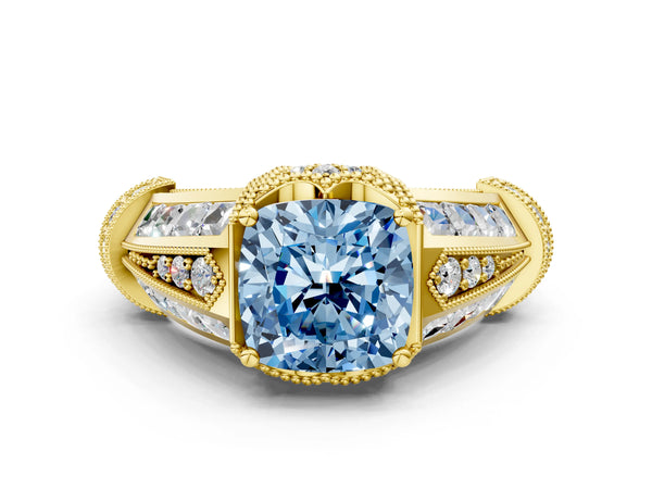 Yellow Gold Cushion Cut Vintage Engagement Ring Setting for Fancy Blue Center - Design RJ-751