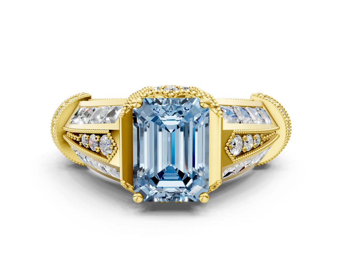 Yellow gold Vintage Milgrain Fancy Blue Emerald Cut Diamond Split Shank Ring with Prong Setting
