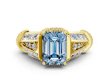 Yellow gold Vintage Milgrain Fancy Blue Emerald Cut Diamond Split Shank Ring with Prong Setting