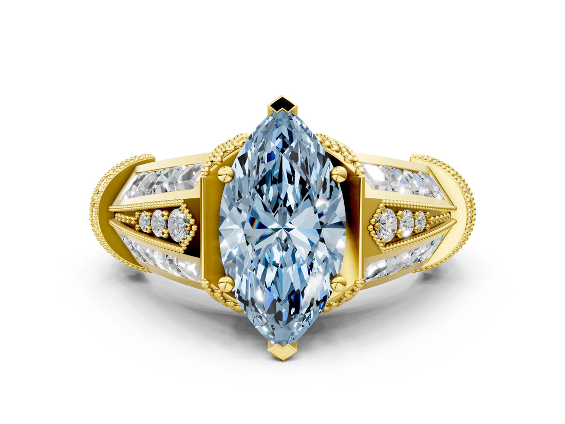 Yellow gold Vintage Milgrain Fancy Blue Marquise Cut Diamond Split Shank Ring with Prong Setting