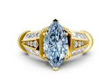 Yellow gold Vintage Milgrain Fancy Blue Marquise Cut Diamond Split Shank Ring with Prong Setting