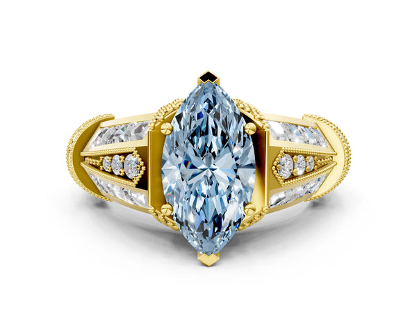Yellow gold Vintage Milgrain Fancy Blue Marquise Cut Diamond Split Shank Ring with Prong Setting