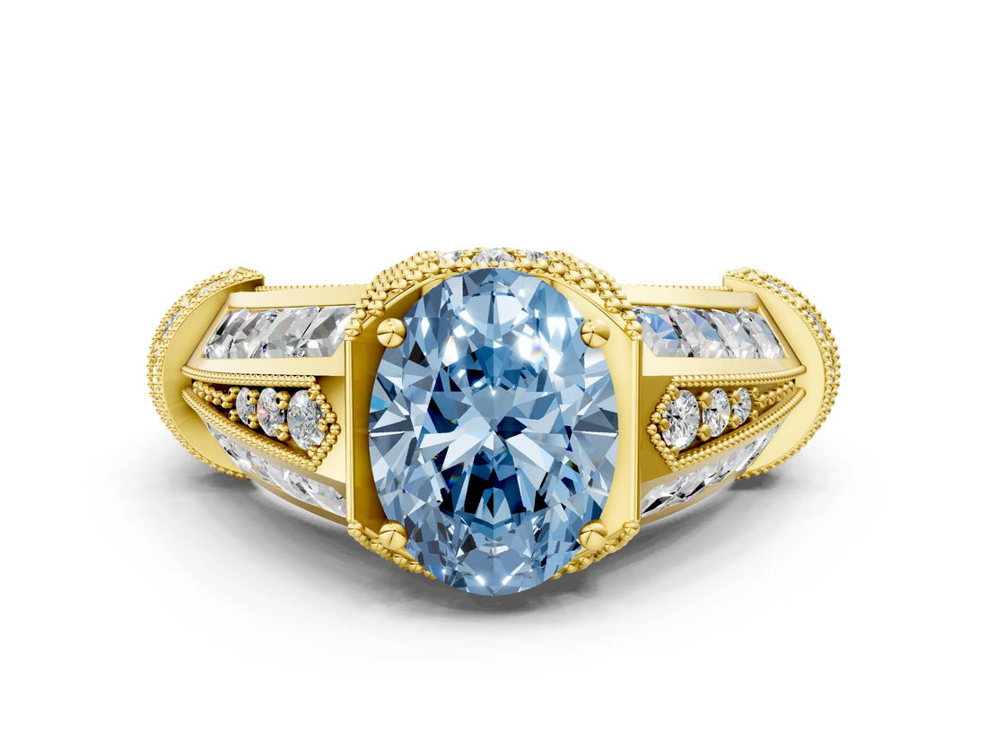 Yellow gold Vintage Milgrain Fancy Blue Oval Cut Diamond Split Shank Ring with Prong Setting
