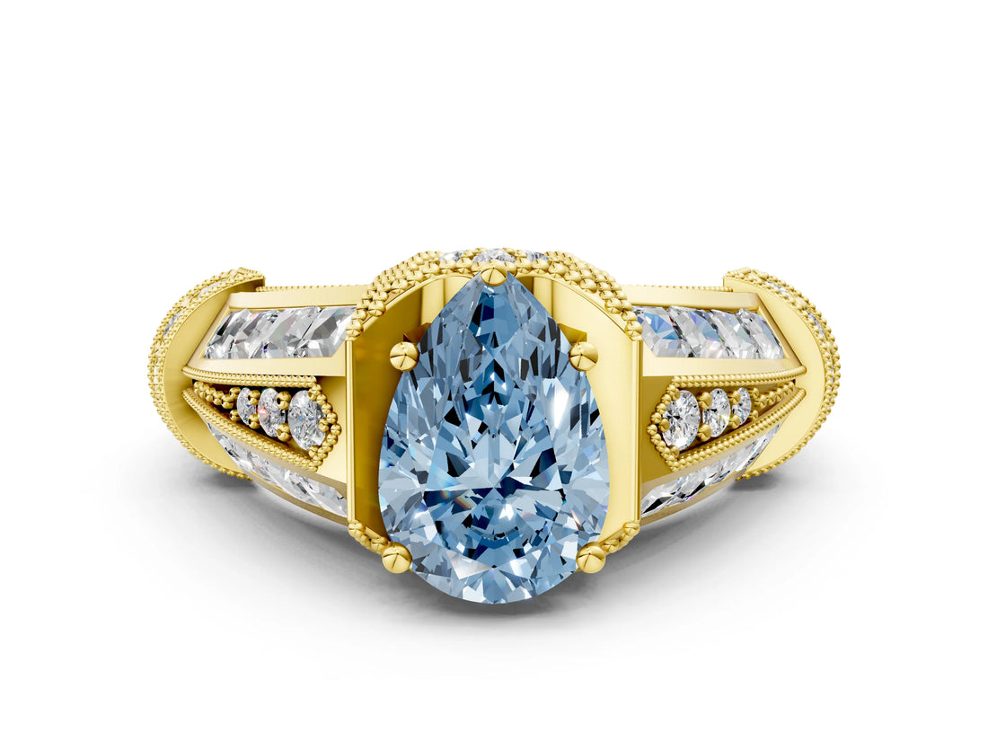 Yellow gold Vintage Milgrain Fancy Blue Pear Cut Diamond Split Shank Ring with Prong Setting