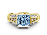 Yellow gold Vintage Milgrain Fancy Blue Princess Cut Diamond Split Shank Ring with Prong Setting