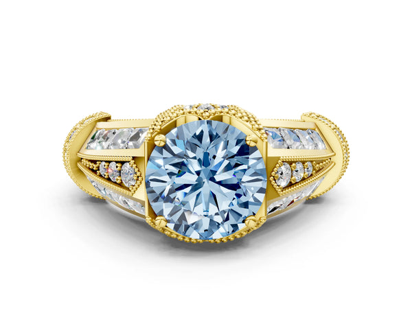 Yellow gold Vintage Milgrain Fancy Blue Round Cut Diamond Split Shank Ring with Prong Setting