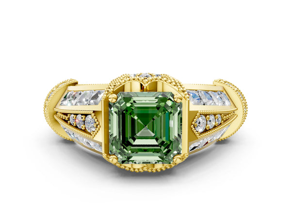 Yellow Gold Asscher Cut Vintage Engagement Ring Setting for Fancy Green Center - Design RJ-751