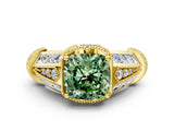 Yellow gold Vintage Milgrain Fancy Green Cushion Cut Diamond Split Shank Ring with Prong Setting