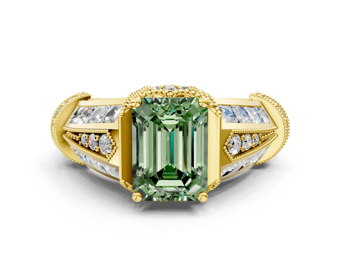 Yellow gold Vintage Milgrain Fancy Green Emerald Cut Diamond Split Shank Ring with Prong Setting