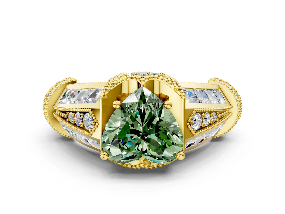 Yellow gold Vintage Milgrain Fancy Green Heart Cut Diamond Split Shank Ring with Prong Setting