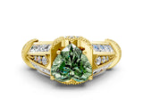 Yellow gold Vintage Milgrain Fancy Green Heart Cut Diamond Split Shank Ring with Prong Setting