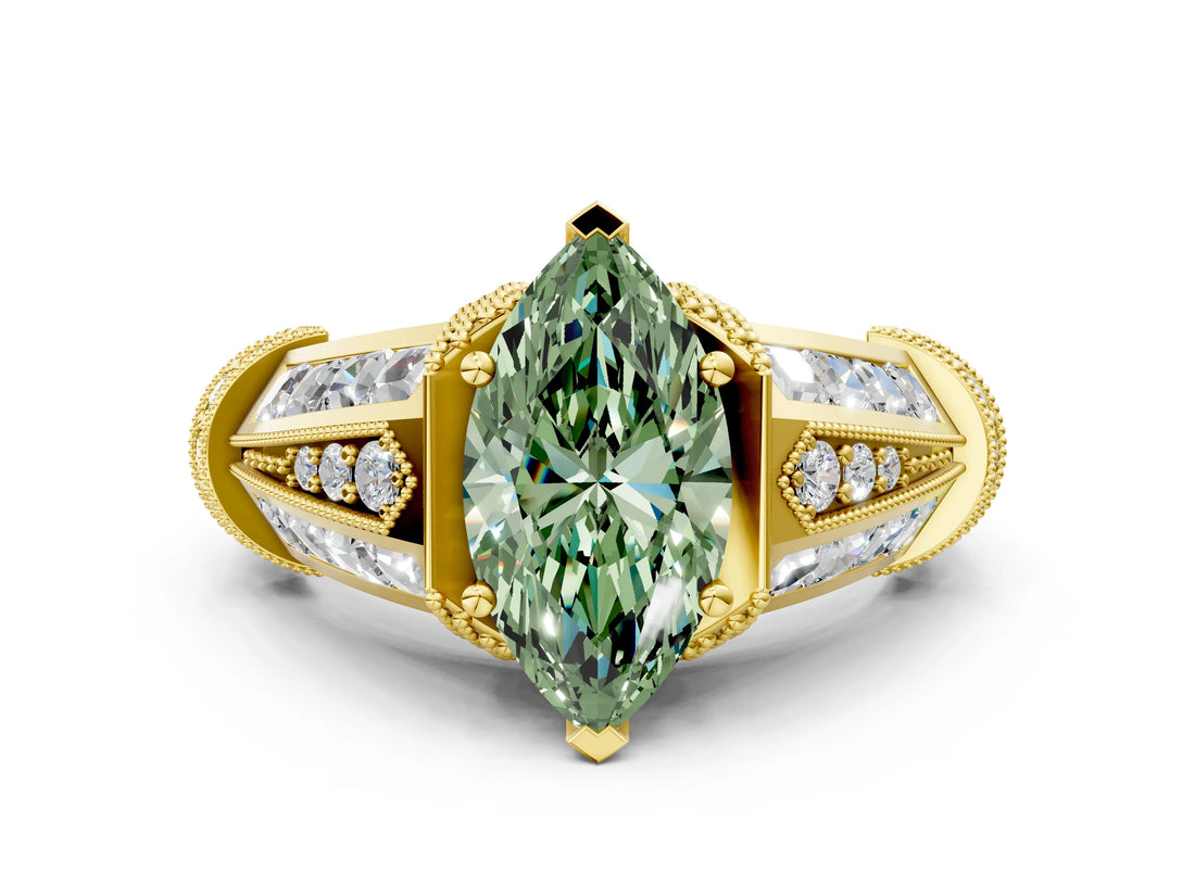 Yellow gold Vintage Milgrain Fancy Green Marquise Cut Diamond Split Shank Ring with Prong Setting