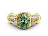 Yellow gold Vintage Milgrain Fancy Green Oval Cut Diamond Split Shank Ring with Prong Setting