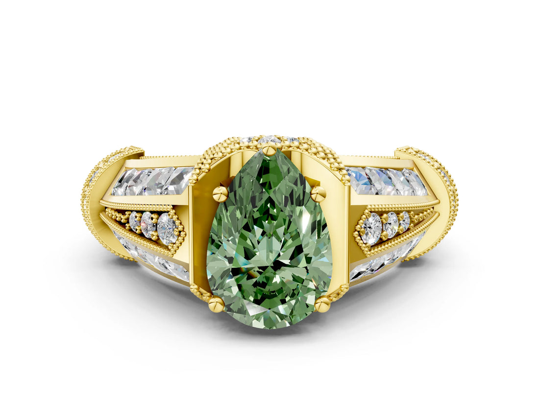 Yellow gold Vintage Milgrain Fancy Green Pear Cut Diamond Split Shank Ring with Prong Setting