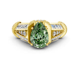Yellow gold Vintage Milgrain Fancy Green Pear Cut Diamond Split Shank Ring with Prong Setting