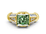Yellow gold Vintage Milgrain Fancy Green Princess Cut Diamond Split Shank Ring with Prong Setting