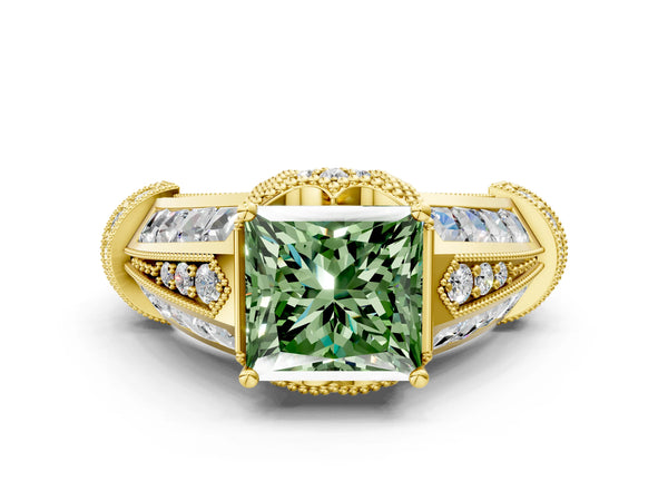 Yellow Gold Princess Cut Vintage Engagement Ring Setting for Fancy Green Center - Design RJ-751