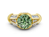 Yellow gold Vintage Milgrain Fancy Green Round Cut Diamond Split Shank Ring with Prong Setting