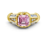 Yellow gold Vintage Milgrain Fancy Pink Asscher Cut Diamond Split Shank Ring with Prong Setting