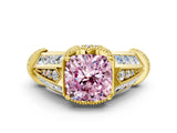 Yellow gold Vintage Milgrain Fancy Pink Cushion Cut Diamond Split Shank Ring with Prong Setting