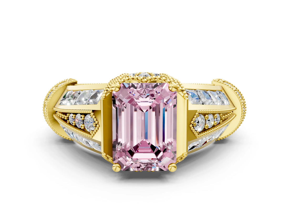 Yellow gold Vintage Milgrain Fancy Pink Emerald Cut Diamond Split Shank Ring with Prong Setting