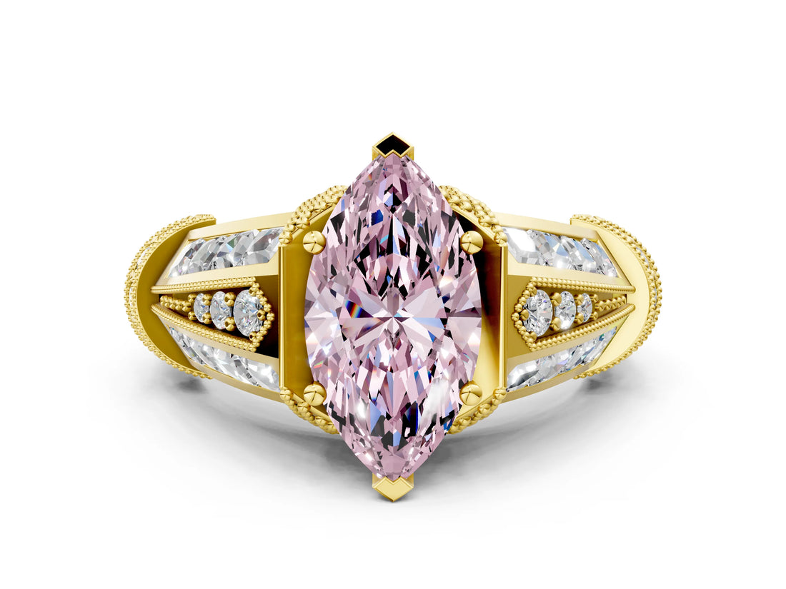 Yellow gold Vintage Milgrain Fancy Pink Marquise Cut Diamond Split Shank Ring with Prong Setting