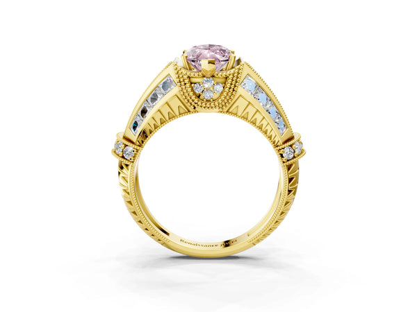 Yellow Gold Marquise Vintage Engagement Ring Setting for Fancy Pink Center - Design RJ-751