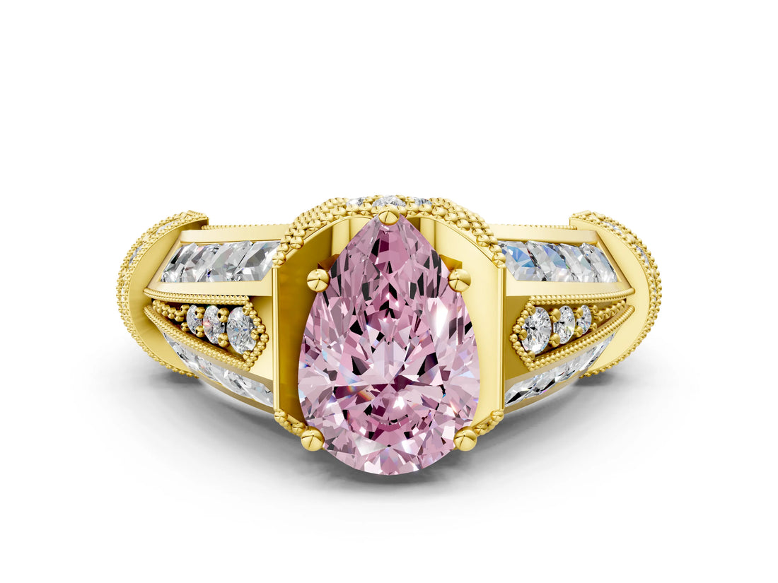 Yellow gold Vintage Milgrain Fancy Pink Pear Cut Diamond Split Shank Ring with Prong Setting