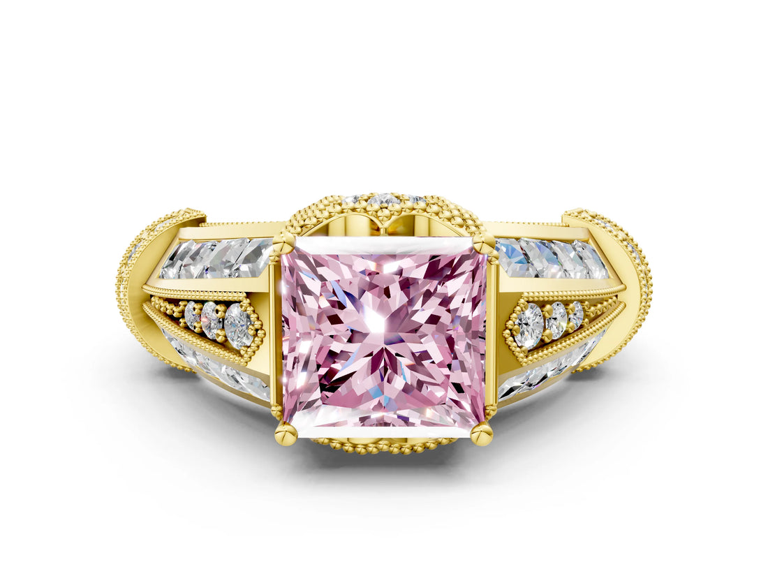 Yellow gold Vintage Milgrain Fancy Pink Princess Cut Diamond Split Shank Ring with Prong Setting