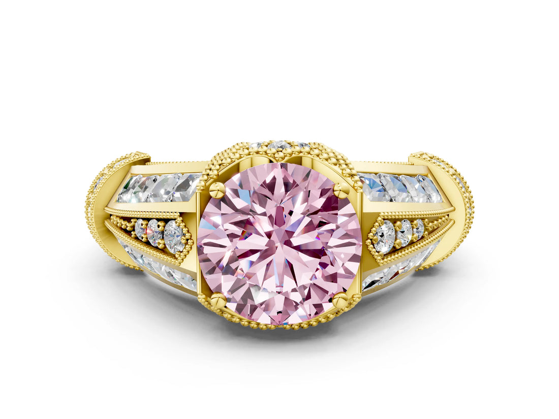 Yellow gold Vintage Milgrain Fancy Pink Round Cut Diamond Split Shank Ring with Prong Setting
