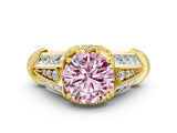 Yellow gold Vintage Milgrain Fancy Pink Round Cut Diamond Split Shank Ring with Prong Setting