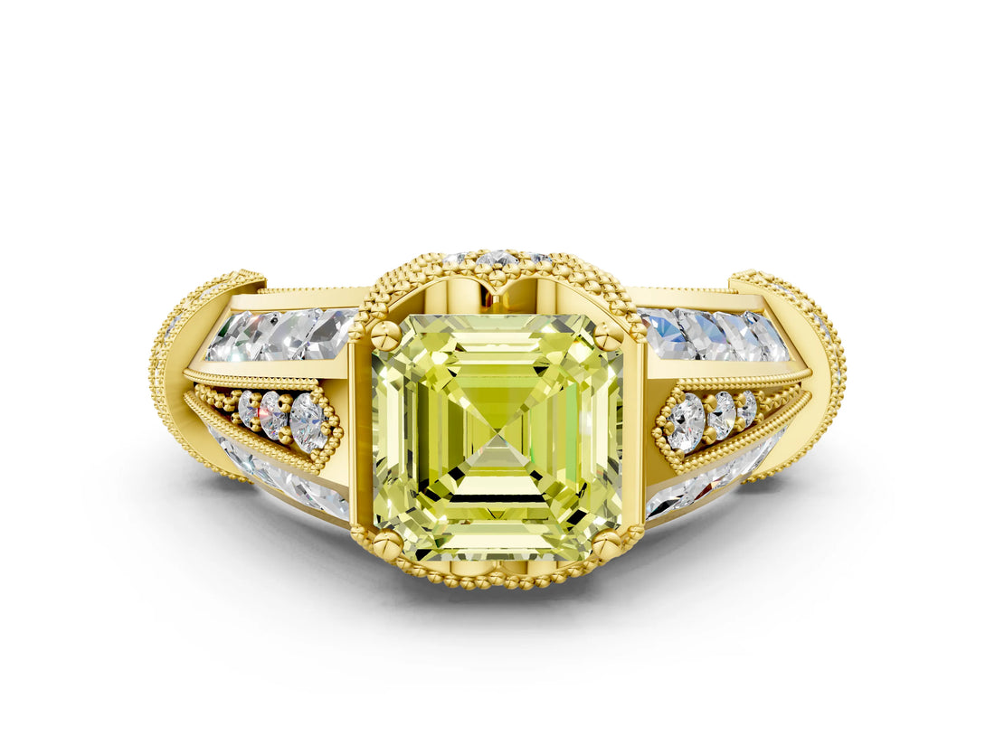 Yellow gold Vintage Milgrain Fancy Yellow Asscher Cut Diamond Split Shank Ring with Prong Setting