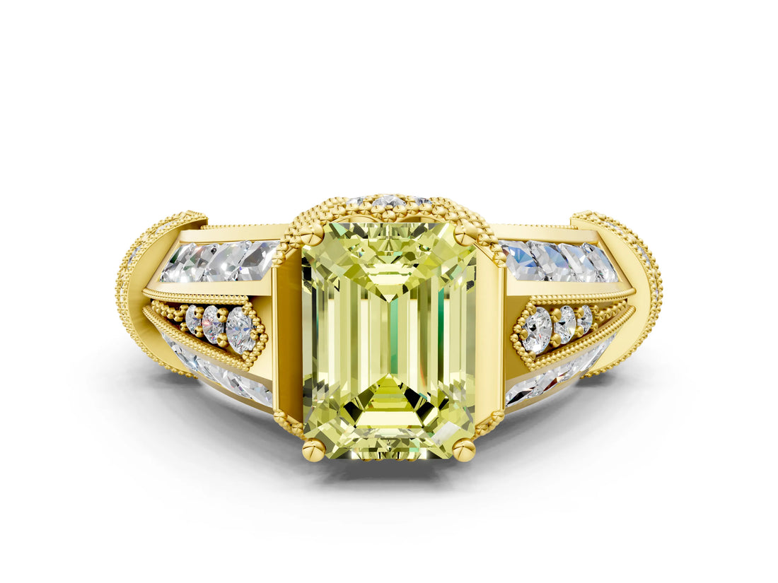 Yellow gold Vintage Milgrain Fancy Yellow Emerald Cut Diamond Split Shank Ring with Prong Setting
