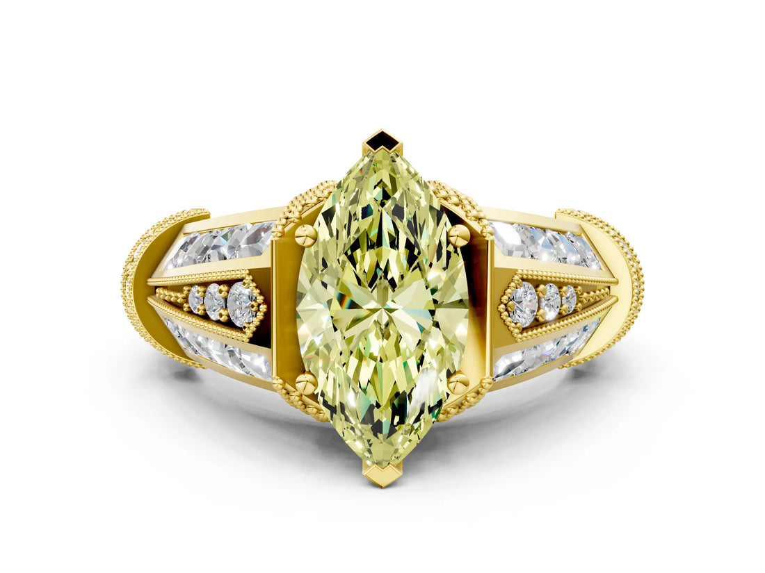 Yellow gold Vintage Milgrain Fancy Yellow Marquise Cut Diamond Split Shank Ring with Prong Setting