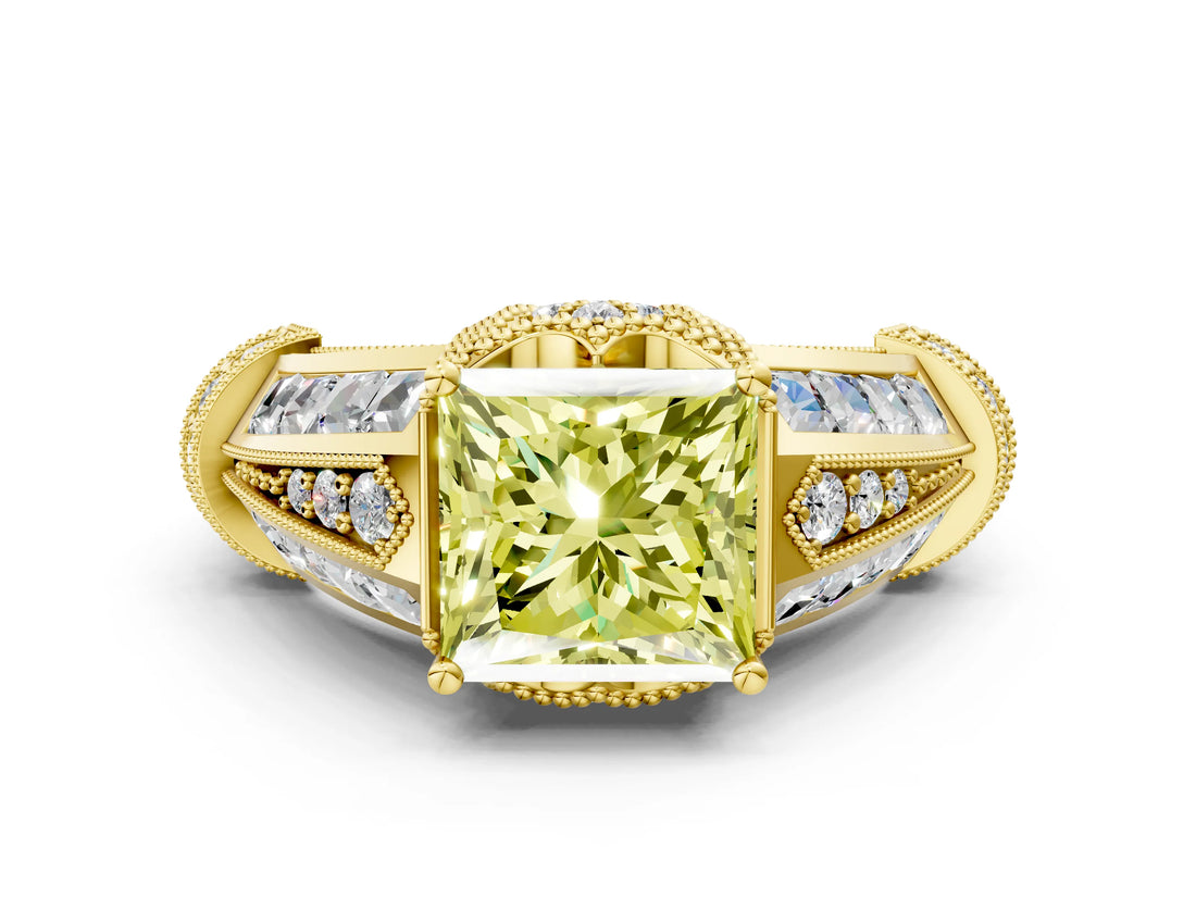 Yellow gold Vintage Milgrain Fancy Yellow Princess Cut Diamond Split Shank Ring with Prong Setting