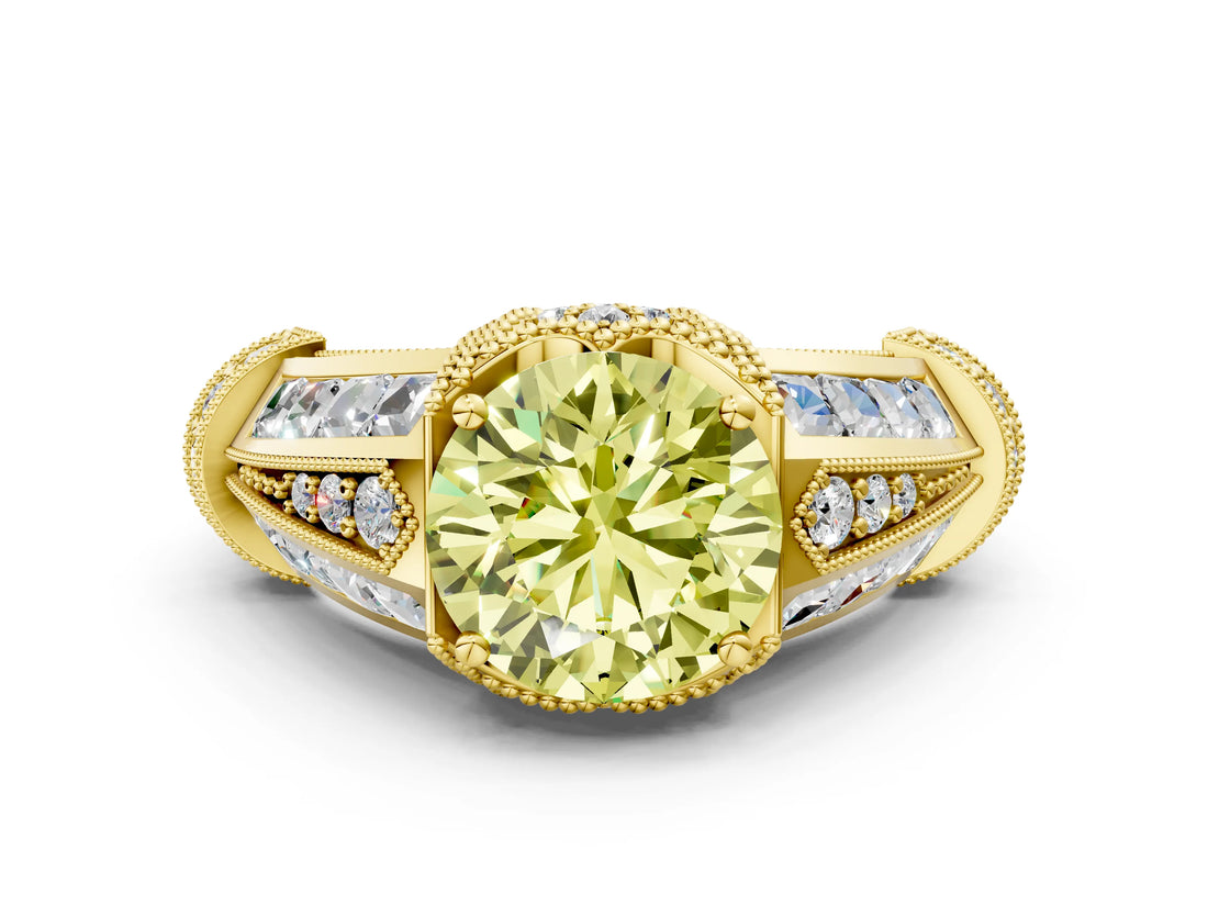 Yellow gold Vintage Milgrain Fancy Yellow Round Cut Diamond Split Shank Ring with Prong Setting