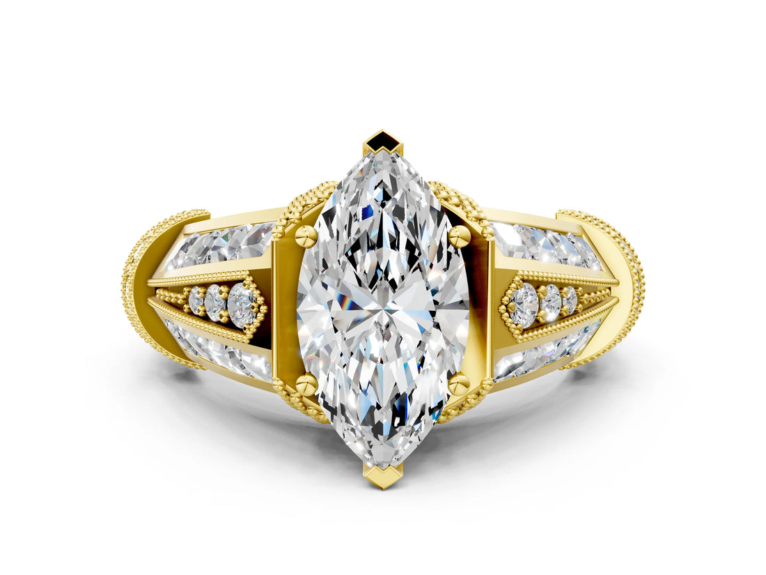 Yellow gold Vintage Milgrain Marquise Cut Diamond Split Shank Ring with Prong Setting_17