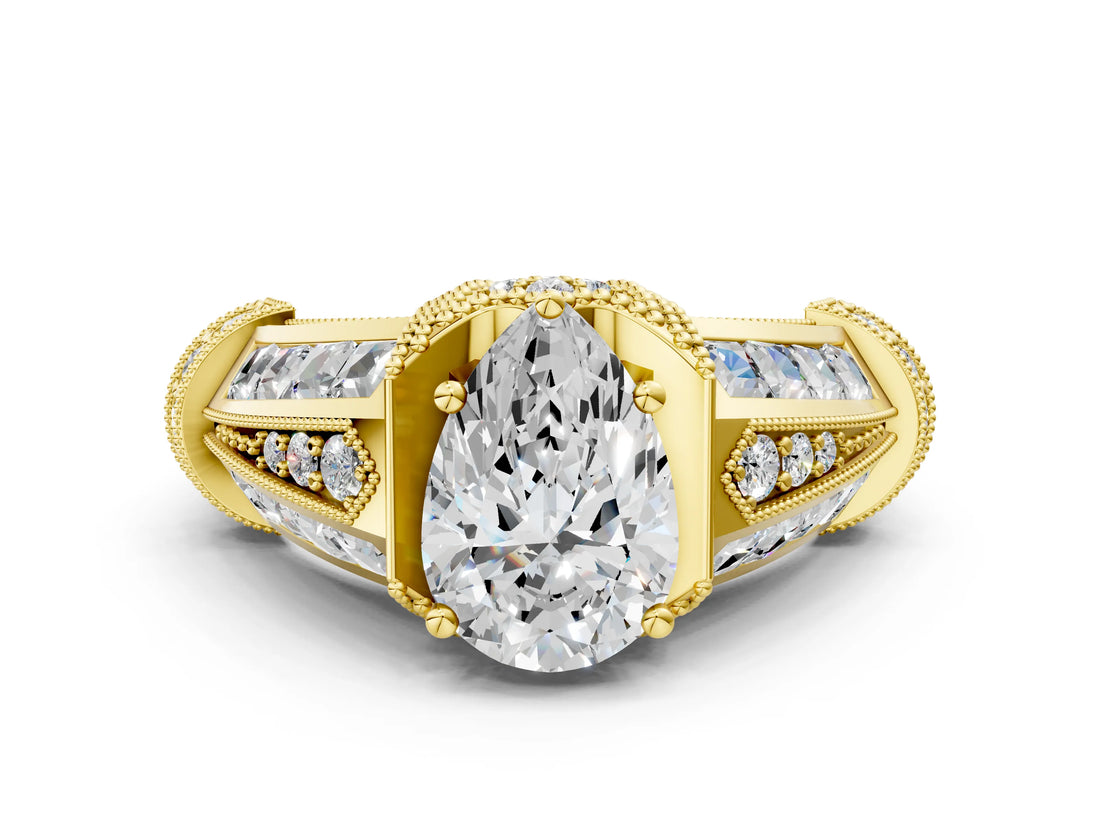 Yellow gold Vintage Milgrain Pear Cut Diamond Split Shank Ring with Prong Setting_17