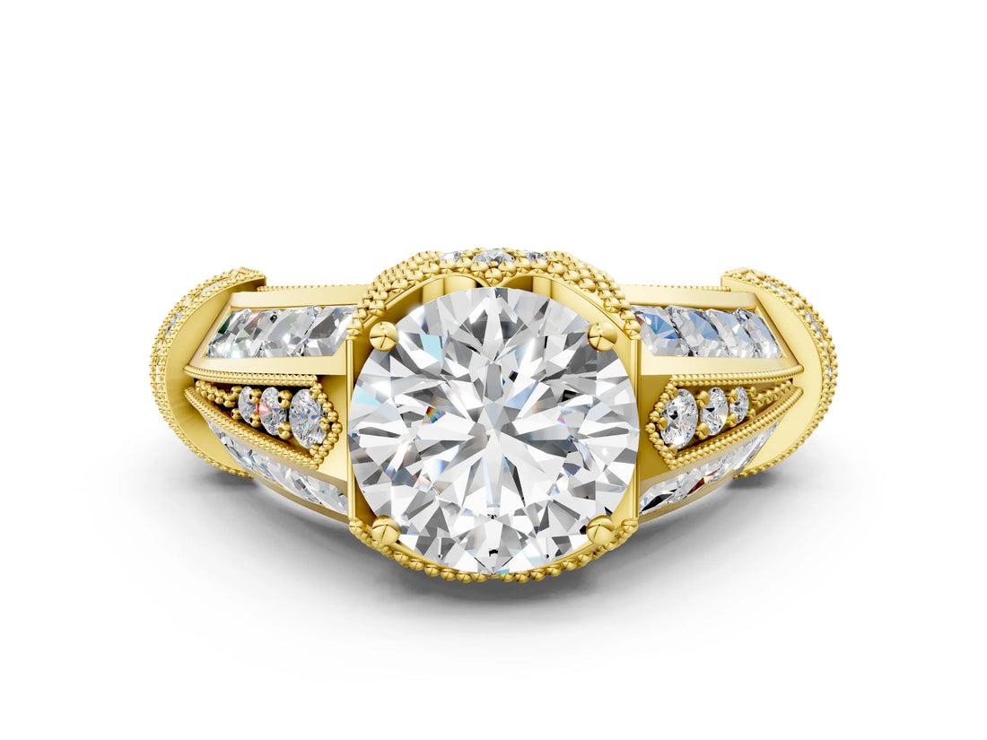 Yellow gold Vintage Milgrain Round Diamond Split Shank Ring with Prong Setting_17