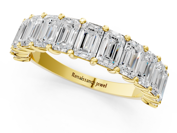 Yellow gold emerald cut diamond half eternity band with shared prong setting