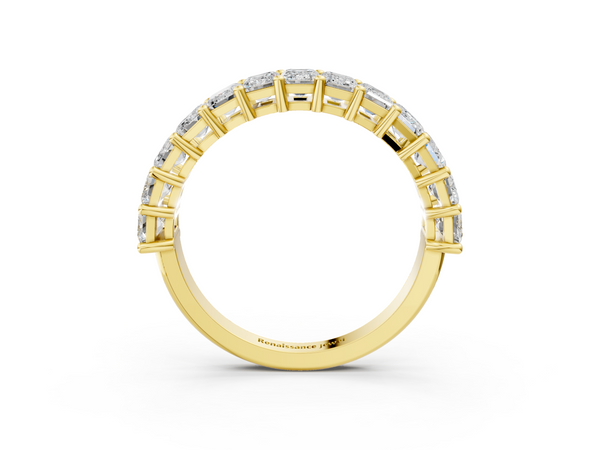 Yellow gold emerald cut diamond half eternity band with shared prong setting