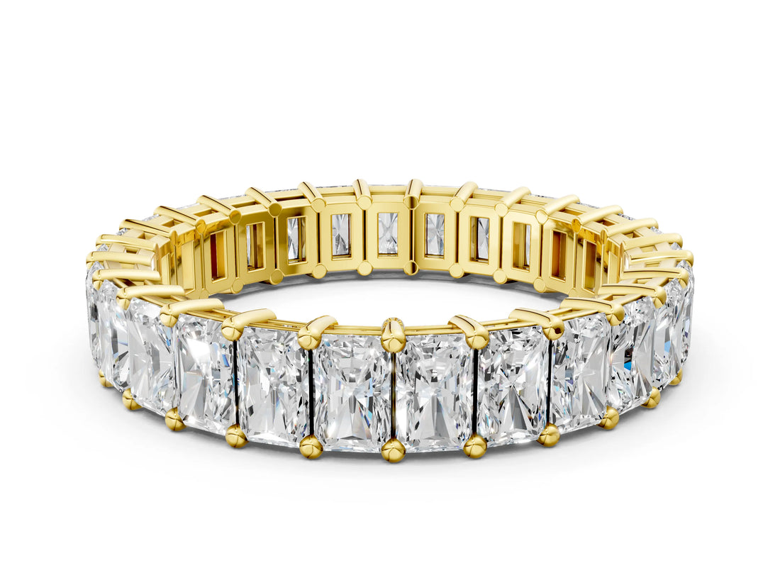 Yellow gold radiant cut diamond eternity band with shared prong setting_955