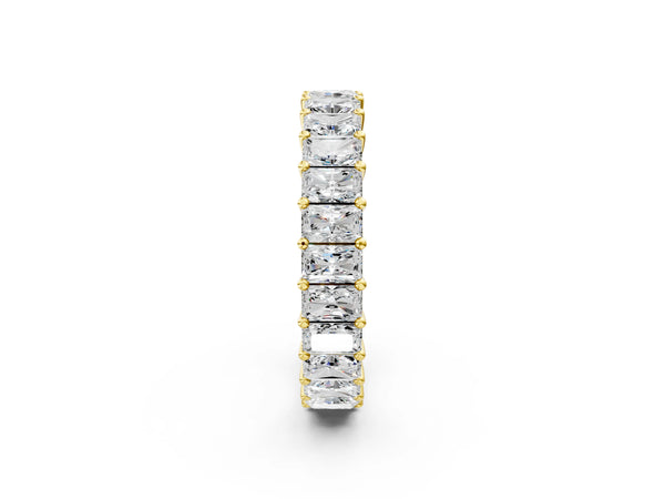 Yellow gold radiant cut diamond eternity band with shared prong setting