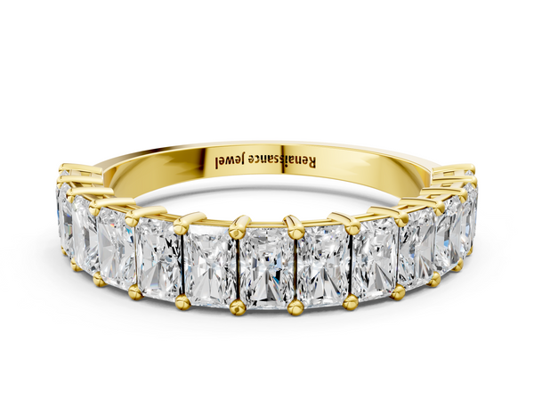 Yellow gold radiant cut diamond half eternity band with shared prong setting
