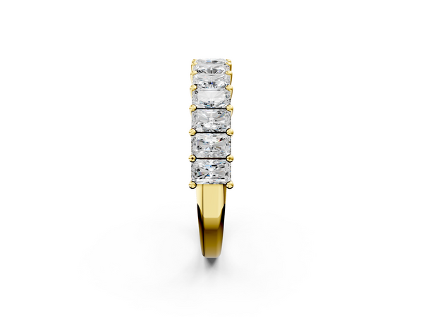 Yellow gold radiant cut diamond half eternity band with shared prong setting