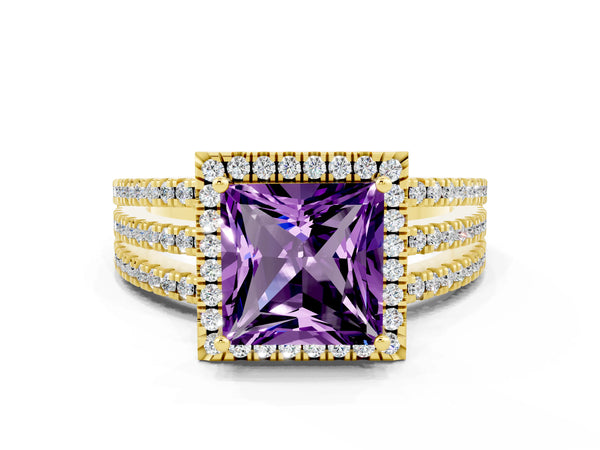 Yellow gold Princess Cut Amethyst Halo Engagement Ring with Split Shank and Four-Prong Setting