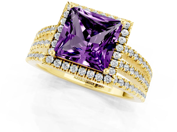Yellow gold Princess Cut Amethyst Halo Engagement Ring with Split Shank and Four-Prong Setting