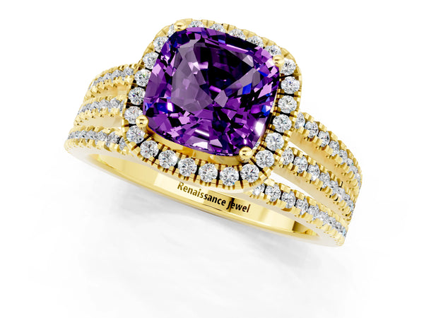 Yellow gold Cushion Cut Amethyst Halo Engagement Ring with Split Shank and Four-Prong Setting
