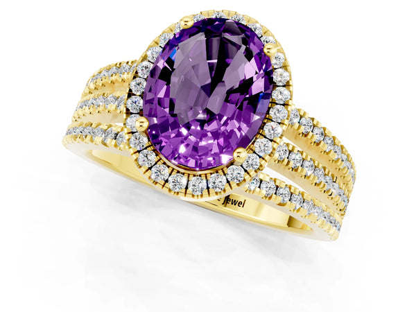Yellow gold Oval Cut Amethyst Halo Engagement Ring with Split Shank and Four-Prong Setting